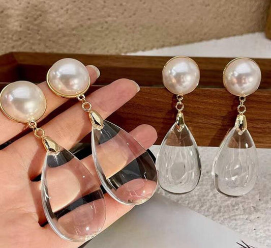 Clear Glass Waterdrop Design Pendant Earrings
