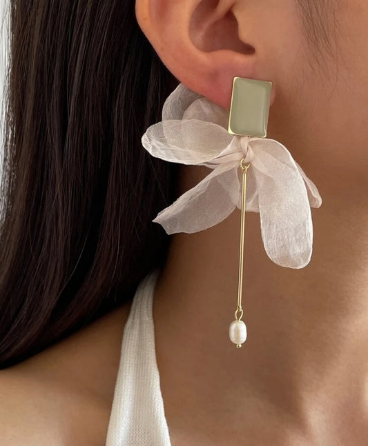 Faux Pearl & Fabric Bow Decor Drop Earrings
